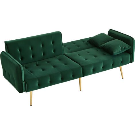 Divano letto 2 in 1 178x82x70 cm, 2 Posti, Montaggio rapido, Cuscini inclusi, Rivestimento velluto, Verde, per soggiorno