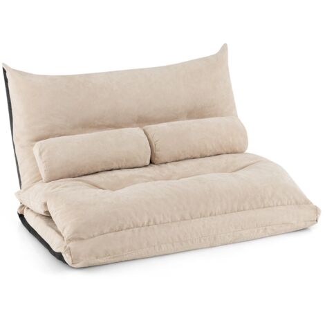 Divano letto 2 posti regolabile con 2 cuscini, Divano da terra pieghevole con schienale regolabile Beige