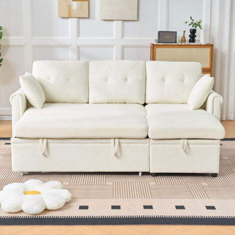 Divano letto 206x130x85cm Multiuso Spazio Salvaspazio Rivestimento Chenille Seduta Confortevole Beige