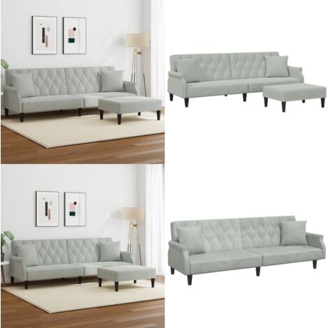 Divano Letto 2Posti Cuscini e Poggiapiedi Grigio Chiaro Velluto - Poggiapiedi - Divano letto 2 posti