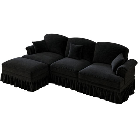 Divano letto 3 posti, Design curvo, Gambe a fuso Comodo, rivestimento chenille nero per soggiorno