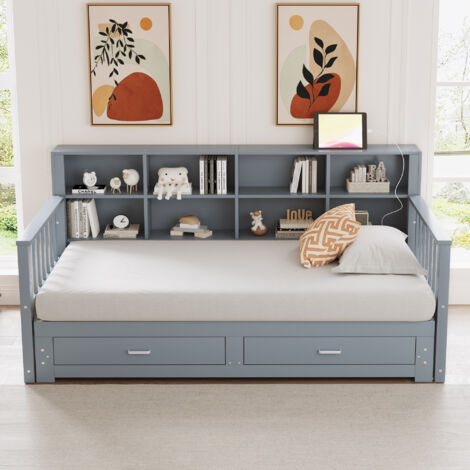 Divano letto 90/180x190cm legno grigio pratico imbottito porta USB 3 cassetti multifunzionale letto ospiti camera