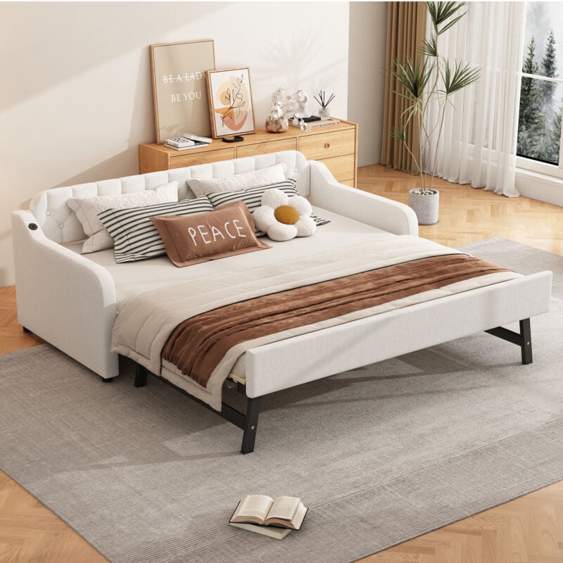 Divano letto 90200 cm, chaise longue, con letto estraibile, porta usb, beige