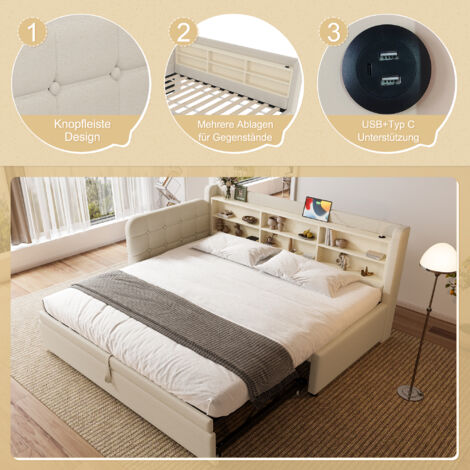 Divano letto 90x200cm Ampio contenitore Testiera con bottoni Lino beige Porte di ricarica USB e Type C Capacità 150 kg (Senza materasso)