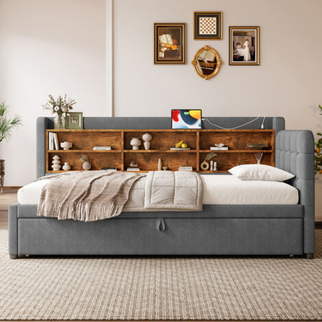 Divano letto 90x200cm salvaspazio si trasforma in letto 180x200cm con contenitore e mensole lino MDF grigio (Senza materasso)