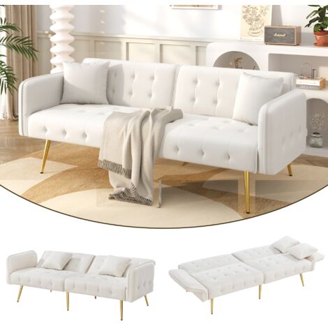 Divano letto a 2 posti - 178x80x70 cm - Divano letto con schienale regolabile e braccioli multiposizione - in velluto bianco