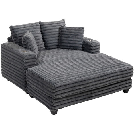 Divano letto a 2 posti con chaise longue, grande, 134 x 151 cm, con portabicchieri, per soggiorno, grigio.