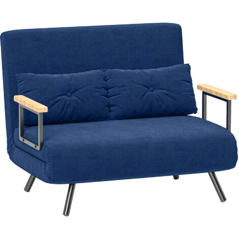 Divano letto a 2 posti con schienale regolabile in 5 posizioni, pieghevole, imbottito, acciaio e legno, 102x73x81 cm, blu