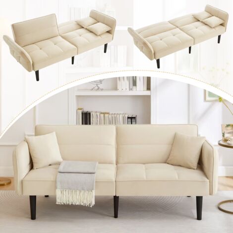 Divano letto a 2 posti - Divano letto 2 in 1 regolabile - braccioli ribaltabili e funzione letto - in velluto beige