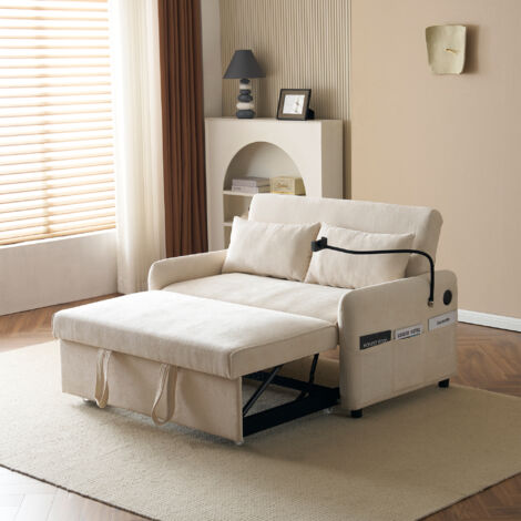 Divano letto a 2 posti in ciniglia, divano moderno con schienale regolabile, porta cellulare e porta USB, 129x76x81 cm, beige