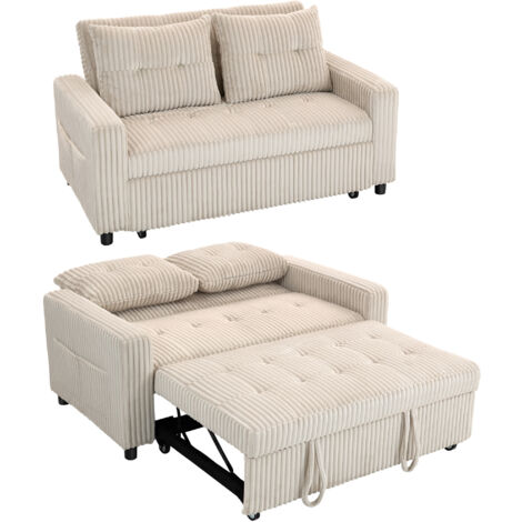Divano letto a 2 posti, rivestimento in velluto a coste, trasformabile in divano letto, 2 cuscini, tasche laterali, 157 x 190 cm, bianco crema
