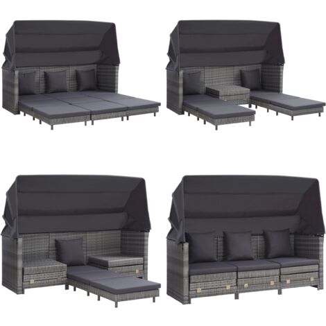 Divano Letto a 3 Posti Estendibile con Tetto Polyrattan Grigio - Divano letto estendibile - Polyrattan