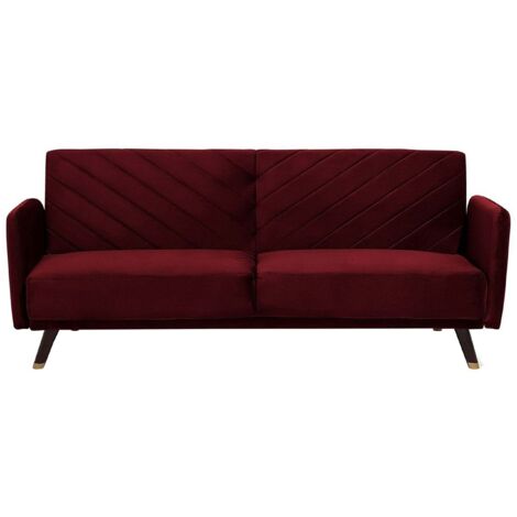 Divano Letto a 3 Posti Rivestimento in Velluto Rosso Scuro Gambe in Legno Senja
