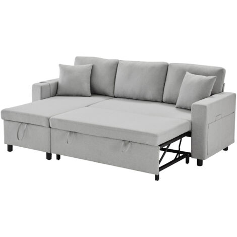 Divano Letto a L 219.5x142.5x83 cm, Chaise Longue Reversibile, Funzione Notte, Contenitore, Tessuto Lino, Grigio