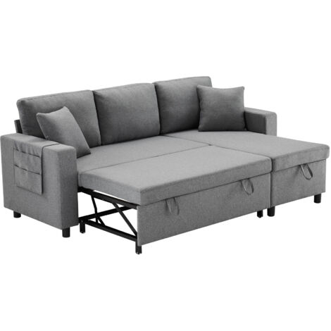 Divano Letto a L 219.5x142.5x83 cm, Chaise Longue Reversibile, Funzione Notte, Contenitore, Tessuto Lino, Grigio Scuro