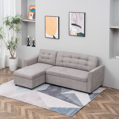 Divano Letto Angolare 3 Posti con Chaise Longue Contenitore e Rivestimento Effetto Lino, 217x134x85cm, Grigio