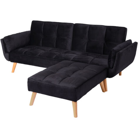 Divano letto angolare con penisola sofà reclinabile HHG-546 legno velluto nero