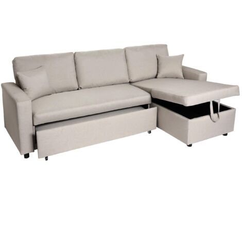 Divano letto angolare contenitore con penisola sofà reclinabile HHG-309 legno tessuto beige