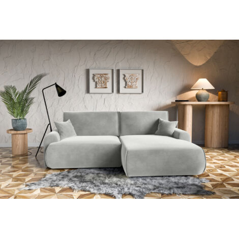 Divano letto angolare destro con vano contenitore Noboo in velluto a coste grigio chiaro direttamente dal produttore, consegna e installazione gratuite