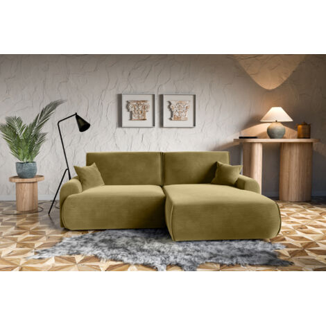 Divano letto angolare destro con vano contenitore Noboo in velluto a coste senape direttamente dal produttore, consegna e installazione gratuite