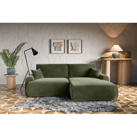 Divano letto angolare destro con vano contenitore Noboo in velluto a coste verde direttamente dal produttore, consegna e installazione gratuite