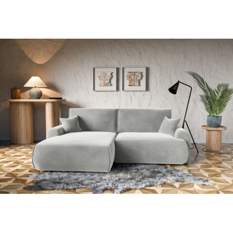 Divano letto angolare sinistro con vano contenitore Noboo in velluto a coste grigio chiaro direttamente dal produttore, consegna e installazione gratuite