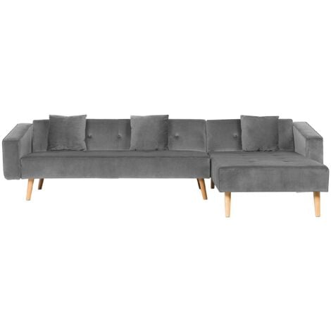 Divano Letto Angolare Sinistro in Velluto Grigio Gambe Legno Chiaro Vadso