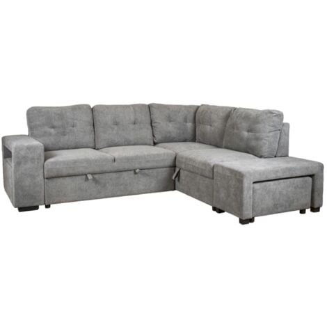 divano letto con penisola a destra bellahome "gaia" tessuto grigio con pouf e contenitori, 254x83/194x88 cm