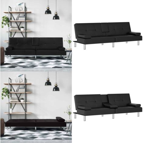 Divano Letto con Portabicchieri in Similpelle Nero - Divano con schienale regolabile - Divano con cuscini