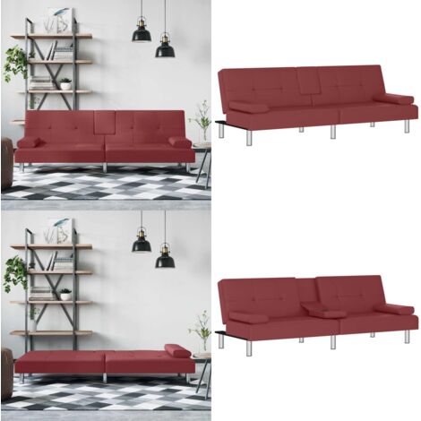 Divano Letto con Portabicchieri in Similpelle Rosso Vino - Divano letto in similpelle - Divano letto con schienale regolabile