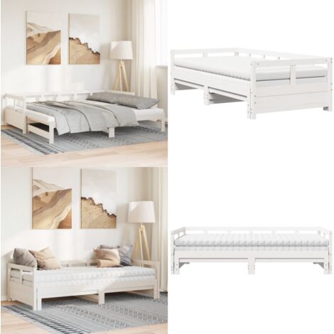 Divano Letto con Rotelle e Materasso Bianco 90x200cm Legno Pino - Letto estraibile - Materasso in schiuma