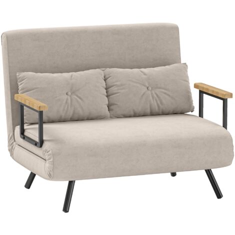 Divano Letto con Schienale Reclinabile e 2 Cuscini in Tessuto Effetto Velluto Bianco Crema