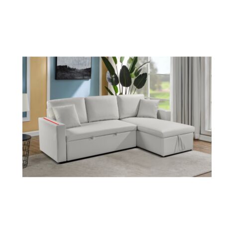 Divano letto contenitore, reversibile angolare, led, ecopelle bianco chaise longue Sicorage Tuky