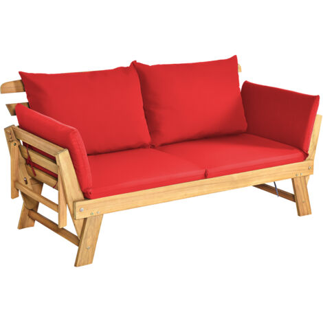 Divano letto convertibile in legno d'acacia con braccioli regolabili cuscini, Chaise longue da esterno Rosso