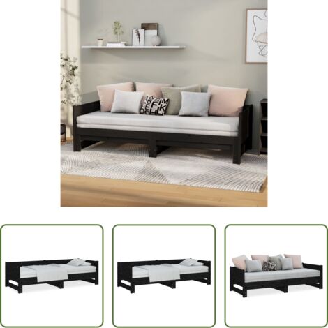 Divano letto -  Dormeuse Estraibile Nera in Legno Massello di Pino 2x(90x200)cm