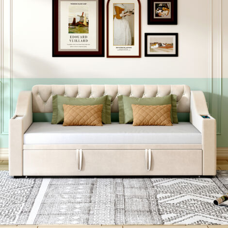 Divano letto estraibile 90/180x190cm pratico MDF beige imbottito porta USB camera soggiorno