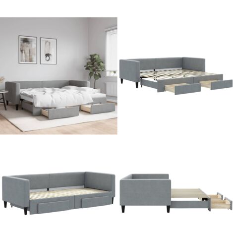 Divano Letto Estraibile Cassetti Grigio Chiaro 90x200cm Tessuto - Letto da giorno - Cassetti con ruote