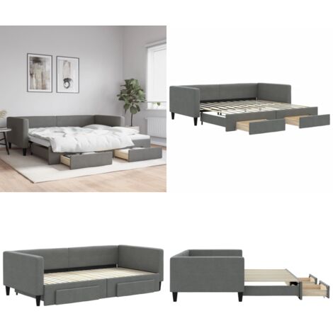 Divano Letto Estraibile Cassetti Grigio Scuro 100x200cm Tessuto - Letto da giorno - Cassetti con ruote
