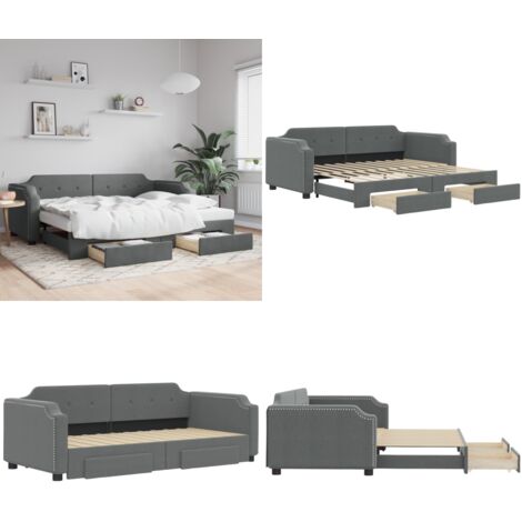 Divano Letto Estraibile Cassetti Grigio Scuro 100x200cm Tessuto - Letto da giorno - Cassetti con ruote
