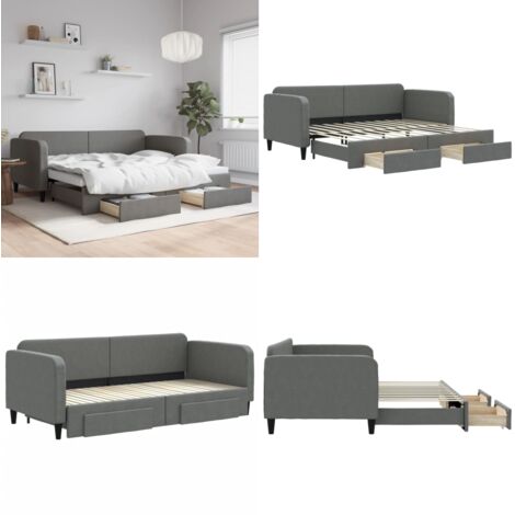 Divano Letto Estraibile Cassetti Grigio Scuro 90x200cm Tessuto - Letto da giorno - Cassetti con ruote