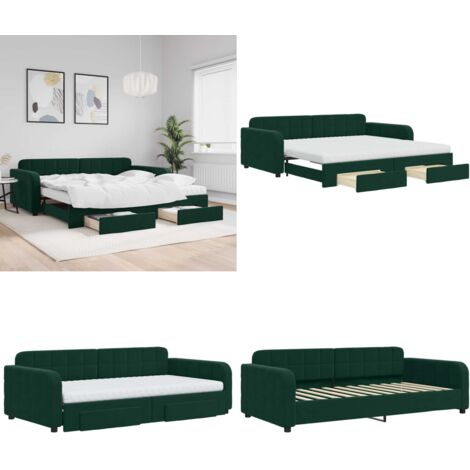 Divano Letto Estraibile Cassetti Verde Scuro 100x200cm Velluto - Letto da giorno - Cassetti con ruote