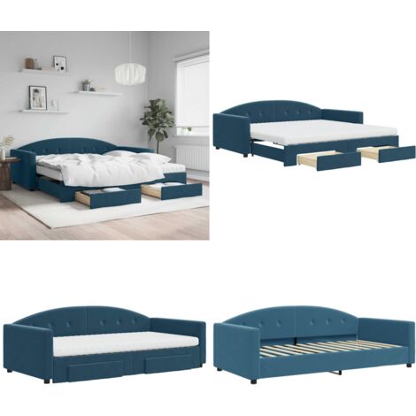 Divano Letto Estraibile con Cassetti Blu 100x200 cm in Velluto - Letto da giorno - Cassetti con ruote