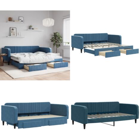 Divano Letto Estraibile con Cassetti Blu 100x200 cm in Velluto - Letto da giorno - Letto con cassetti