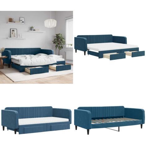 Divano Letto Estraibile con Cassetti Blu 100x200 cm in Velluto - Letto da giorno - Letto con cassetti