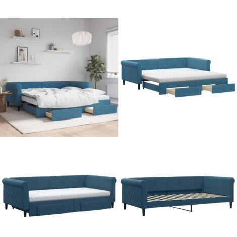 Divano Letto Estraibile con Cassetti Blu 100x200 cm in Velluto - Letto da giorno - Letto con cassetti