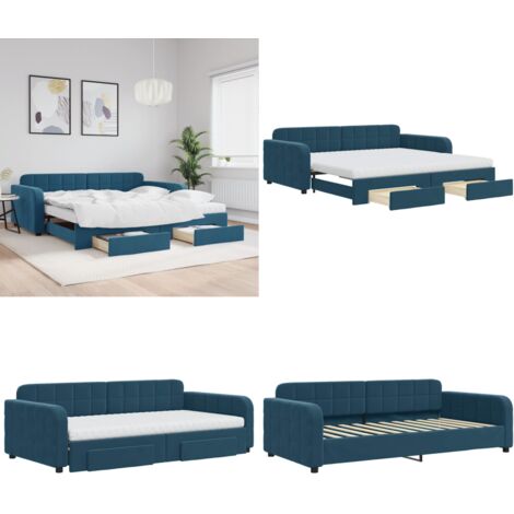 Divano Letto Estraibile con Cassetti Blu 100x200 cm in Velluto - Letto da giorno - Letto con cassetti