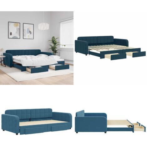 Divano Letto Estraibile con Cassetti Blu 100x200 cm in Velluto - Letto estraibile - Cassetti