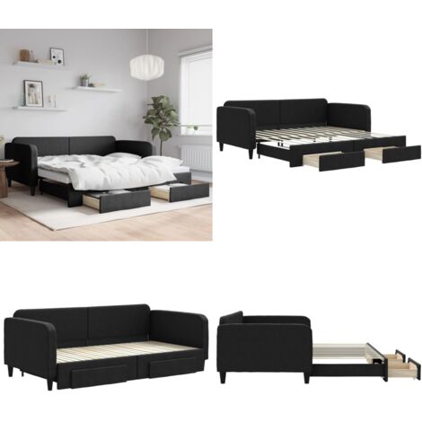 Divano Letto Estraibile con Cassetti Nero 100x200 cm in Tessuto - Letto estraibile - Divano letto 2 in 1
