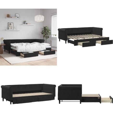 Divano Letto Estraibile con Cassetti Nero 80x200 cm in Velluto - Letto da giorno - Letto con cassetti