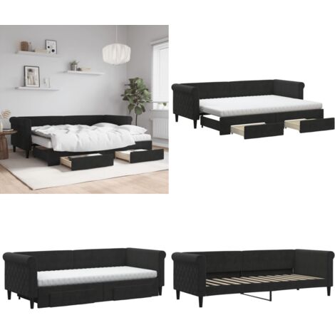 Divano Letto Estraibile con Cassetti Nero 80x200 cm in Velluto - Letto da giorno - Letto con cassetti